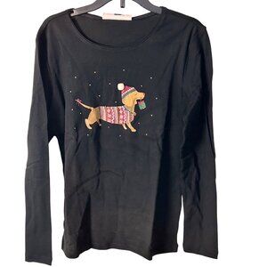 Karen Scott PMed  Black Long Sleeve Top With Festive Dachshund Christmas Design